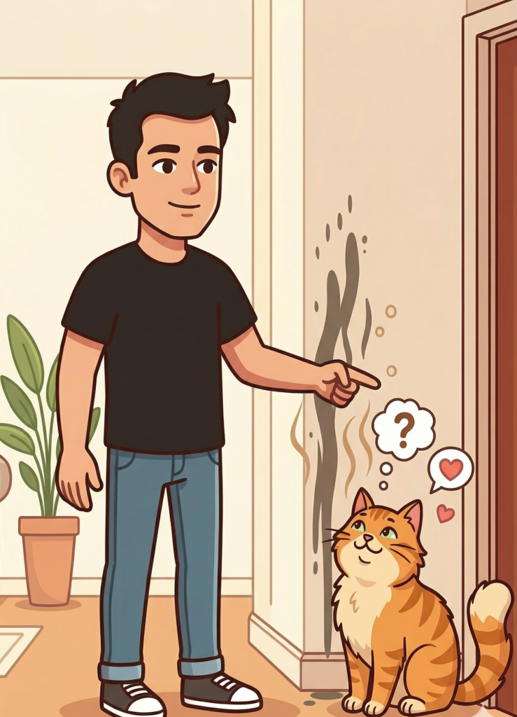 Black haired man lecturing his cat. Wondering why do cats spray?