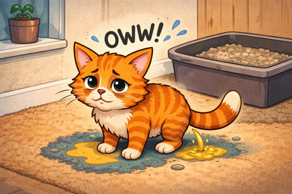 Orange cat peeing beside litter box