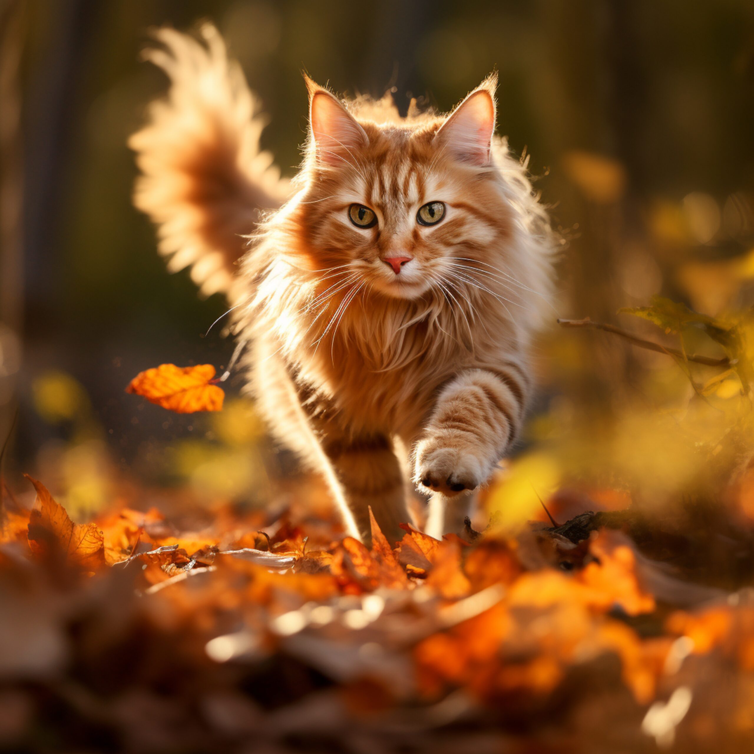 Cat running through leafes showing orange cat behavior