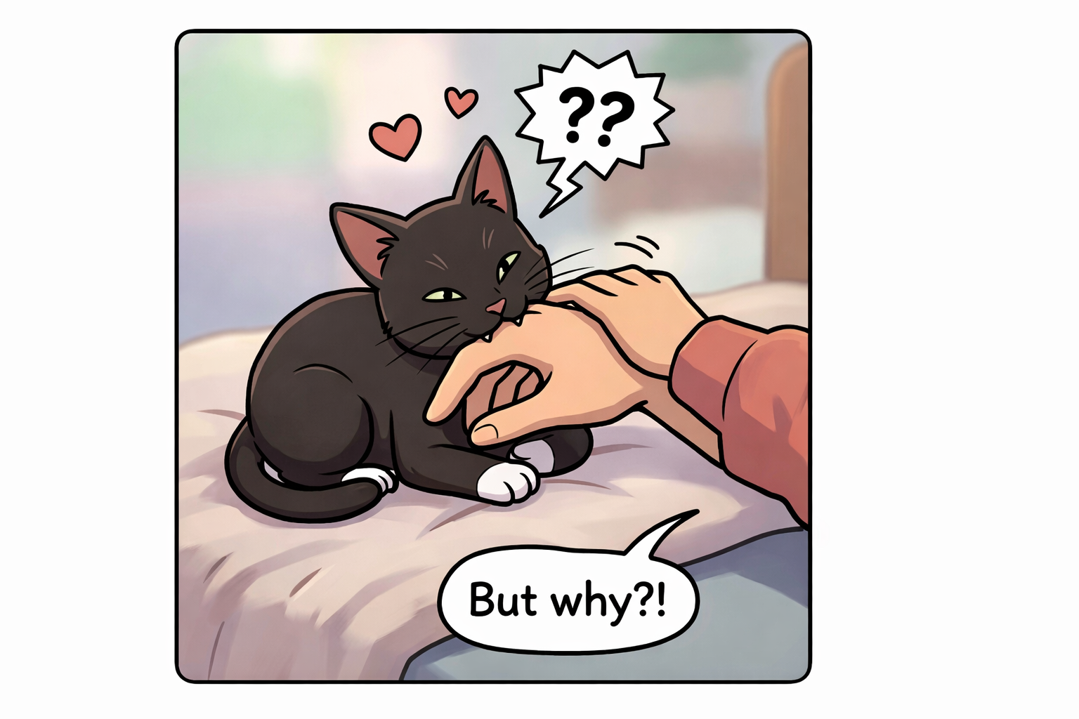 Why is my cat biting me? Cat biting a hand, person asking why